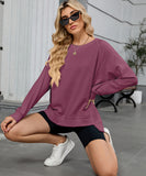 Solid Color Wavy Round Neck Long Sleeve Loose Fitting Shirt