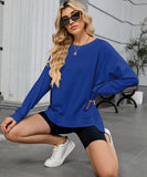 Solid Color Wavy Round Neck Long Sleeve Loose Fitting Shirt
