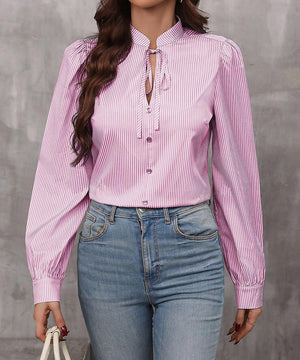 Chic Striped Long-Sleeve Lace-Up Pullover Shirt