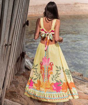 Classic Printed Maxi Dress With Wide Straps Bright Yellow