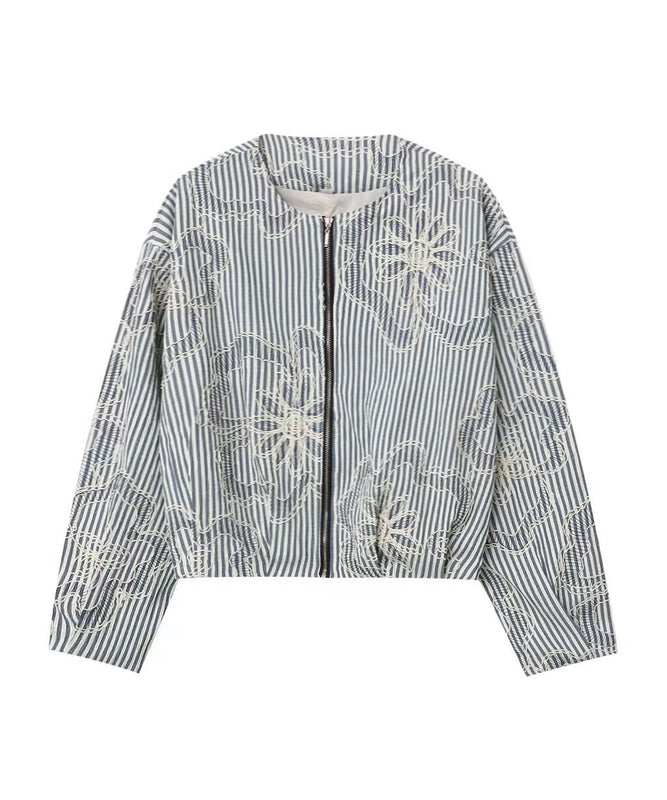 Embroidered Striped Round Neck Long Sleeve Women Jacket Blue