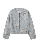 Embroidered Striped Round Neck Long Sleeve Women Jacket Blue