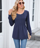 Solid Color Round Neck Striped Loose Long Sleeve T Shirt
