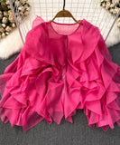 Ruffled Long Sleeve Round Neck Blouse Women Polyester