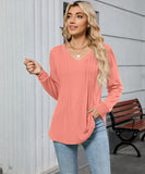 V Neck Striped Loose Long Sleeve T Shirt Nylon Elastane