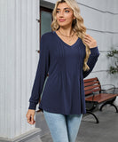 V Neck Striped Loose Long Sleeve T Shirt Nylon Elastane