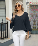 Chic V-neck Diamond Check Hollow-out Jacquard Horn Sleeve Loose T-shirt