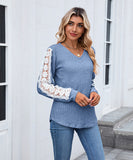 V Neck Loose Long Sleeve Lace Contrast Color T Shirt