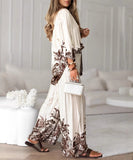 Classic Floral Blouse And Wide Leg Pants Two Piece Set