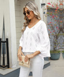 Chic V-neck Diamond Check Hollow-out Jacquard Horn Sleeve Loose T-shirt