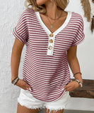 Seamed Knit V Neck Button Up Short Sleeve Top Elastane