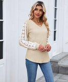 V Neck Loose Long Sleeve Lace Contrast Color T Shirt