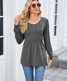 Solid Color Round Neck Striped Loose Long Sleeve T Shirt