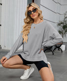 Solid Color Wavy Round Neck Long Sleeve Loose Fitting Shirt