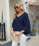 Chic V-neck Diamond Check Hollow-out Jacquard Horn Sleeve Loose T-shirt