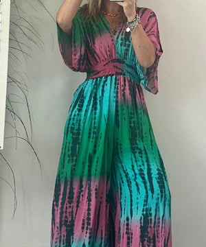 Vibrant Printed Elastic Waist Loose Fitted One-Piece Pants