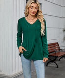 V Neck Striped Loose Long Sleeve T Shirt Nylon Elastane