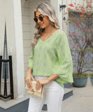 Chic V-neck Diamond Check Hollow-out Jacquard Horn Sleeve Loose T-shirt