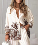 Classic Floral Blouse And Wide Leg Pants Two Piece Set