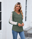V Neck Loose Long Sleeve Lace Contrast Color T Shirt