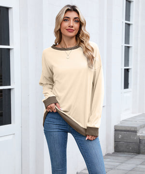 Color Block Ribbed Sweatshirt Round Neck Loose Long Sleeves