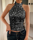 Elegant Black Or Silver Backless Sleeveless Top For Evening