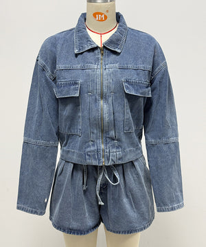 Stylish Long Sleeve Denim Jacket Women's Casual Cargo Set