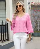 Chic V-neck Diamond Check Hollow-out Jacquard Horn Sleeve Loose T-shirt