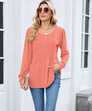 Solid Color Round Neck Striped Loose Long Sleeve T Shirt
