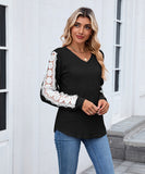 V Neck Loose Long Sleeve Lace Contrast Color T Shirt