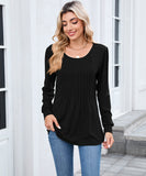 Solid Color Round Neck Striped Loose Long Sleeve T Shirt