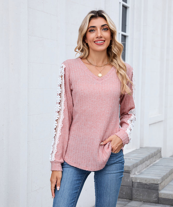 V Neck Loose Long Sleeve Lace Contrast Color T Shirt