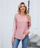 V Neck Loose Long Sleeve Lace Contrast Color T Shirt