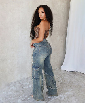 Star Fringe Hem Denim Trousers for Women Loose Straight