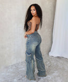 Star Fringe Hem Denim Trousers for Women Loose Straight