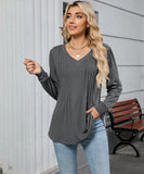 V Neck Striped Loose Long Sleeve T Shirt Nylon Elastane