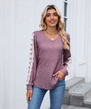 V Neck Loose Long Sleeve Lace Contrast Color T Shirt