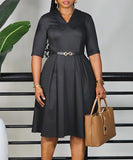 Elegant Solid Color Five-Quarter Sleeve Dress