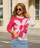 Relaxed Floral Patchwork Pullover Sweater Long Sleeve