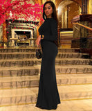 Solid Color Pleated High Waisted Fitted Long Black Dress