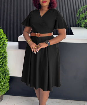 V Neck Flared Sleeve Casual A Line Dress in Four Colors