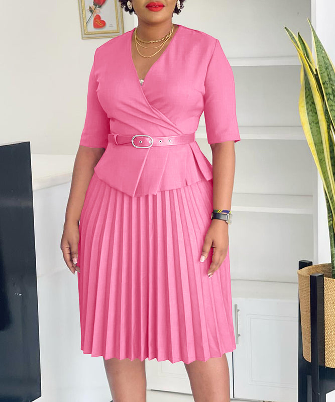 Elegant V-Neck Pleated Dress in Vibrant Colors Glam