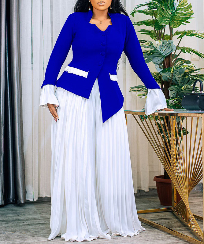 Chic Fashion Flared Sleeve Top Pleated Wide-Leg Pant Set