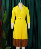 Elegant Women's Suit-Style Pleated Dress with Belt and Collar