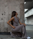 V Neck Sleeveless Vest and Wide Leg Trousers Set in Grey Khaki