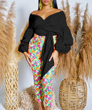 Off Shoulder Cross Belted V Neck Balloon Sleeve Sexy Shirt