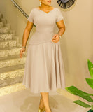 Fashionable Solid Color V Neck Short Sleeve A Line Dress
