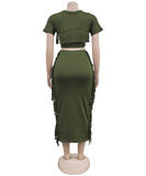 A Two-Piece Set of Solid-Color Fringed Round-Neck Short-Sleeve Long Dress
