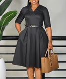 Elegant Solid Color Five-Quarter Sleeve Dress