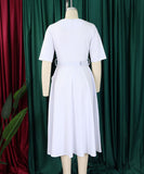 V Neck Short Sleeve Cinched Waist A Line Dress